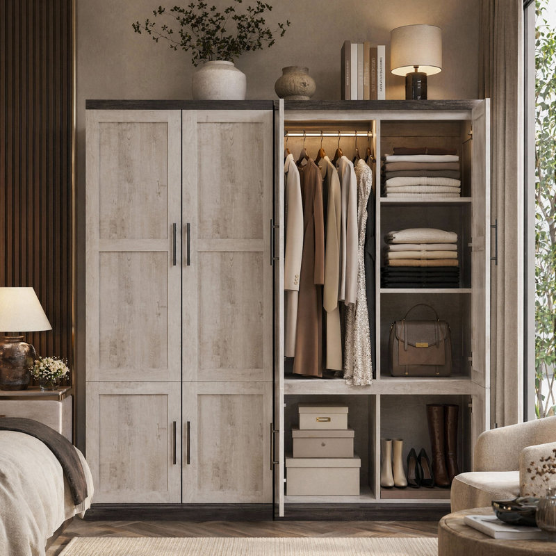 Grande armoire-penderie 71 po, armoire de rangement en bois avec tringle et tablettes pour chambre 71 po
