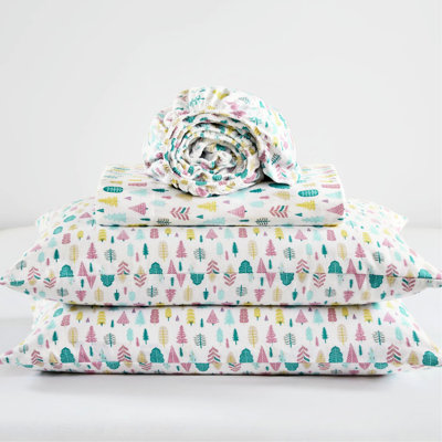 4 Pcs Queen Cotton Flannel Printed Sheet , White Holiday Trees Pattern, , Warm, Machine Washable, Fitted Covers 14" Mattress, And , Includes All Sheets