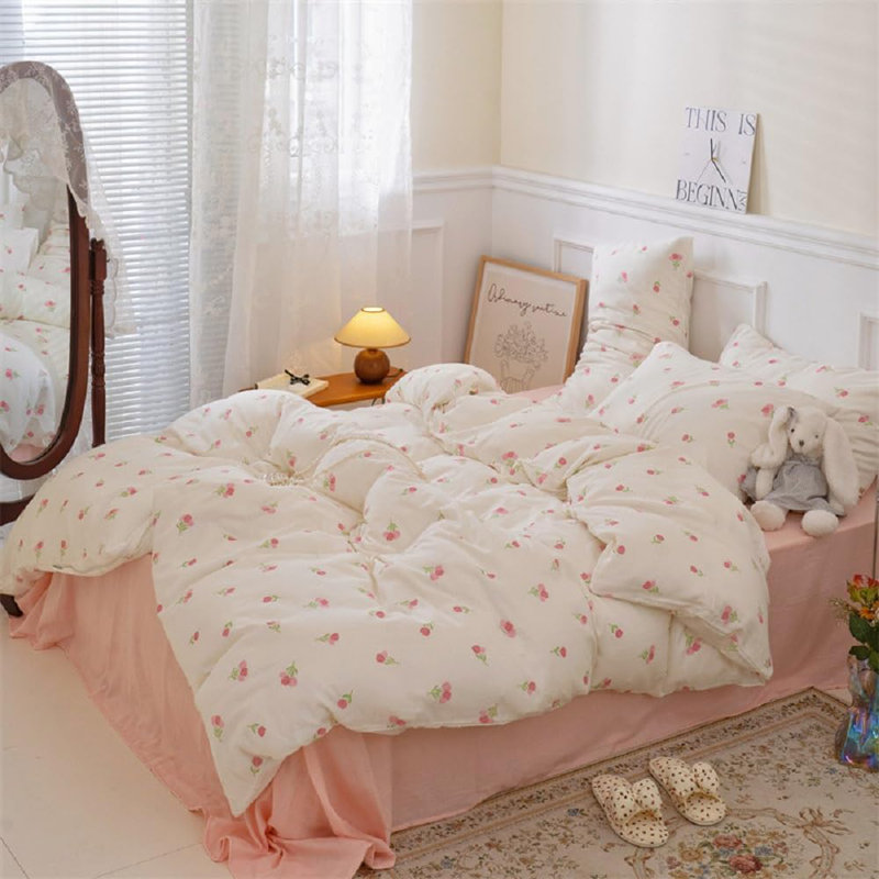 Pink White Floral Comforter Bedding Sets Tulips Pattern, King Comforter