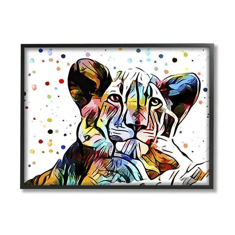 Abstrait lion lion, art mural à pois par Ashley Aldridge, H 24 po x l 30 po, Giclée encadrée noir minuit