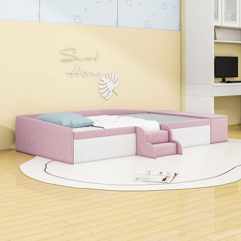 Velvet Upholstered Ded with Storage Ottoman, Staircase and Padded Guardrails, Pink White, Twin