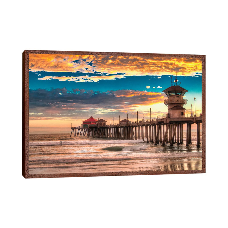 Huntington Beach Pier - Last Set. by Zoe Schumacher - Print on Canvas, Classic Brown Wood Framed