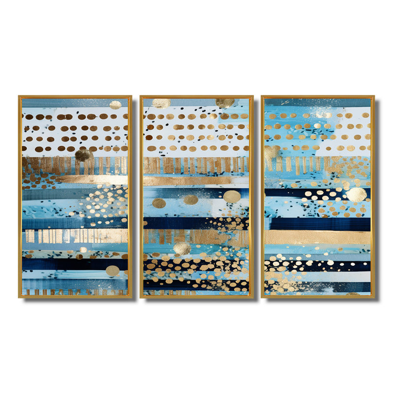 «Blue Sparkling Vertical Gold», ensemble de décorations murales géométriques, Cadre flottant doré, H 32 po x l 48 po x P 1 po