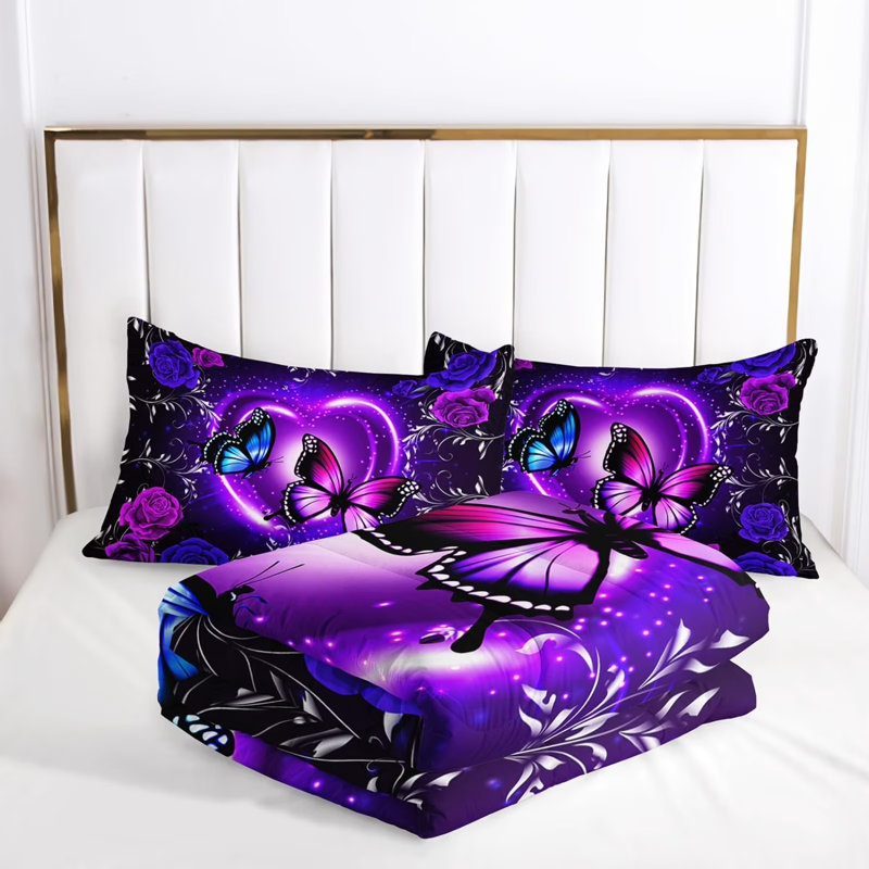Ensemble d'édredon pour grand lit 3 pièces Butterfly, Édredon grand + 2 taies d'oreiller standard