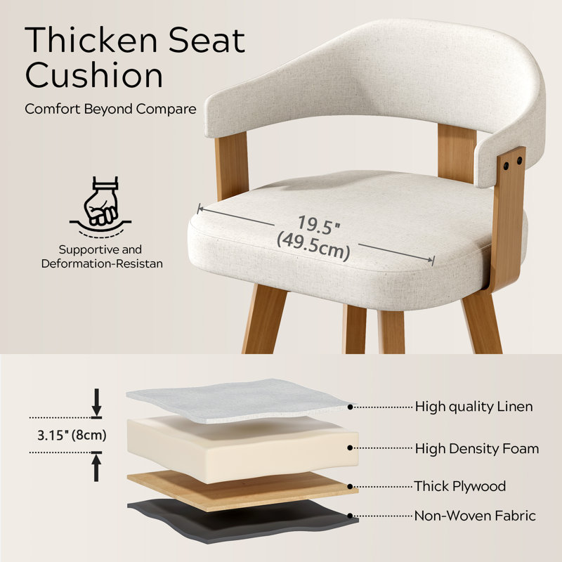 Swivel Upholstered Bar Stools 26" Counter Height, Beige Linen, 6, Dark Oak