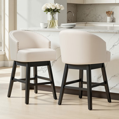 Swivel 26.4'' Faux Leather Counter Stool With Solid Wood Legs