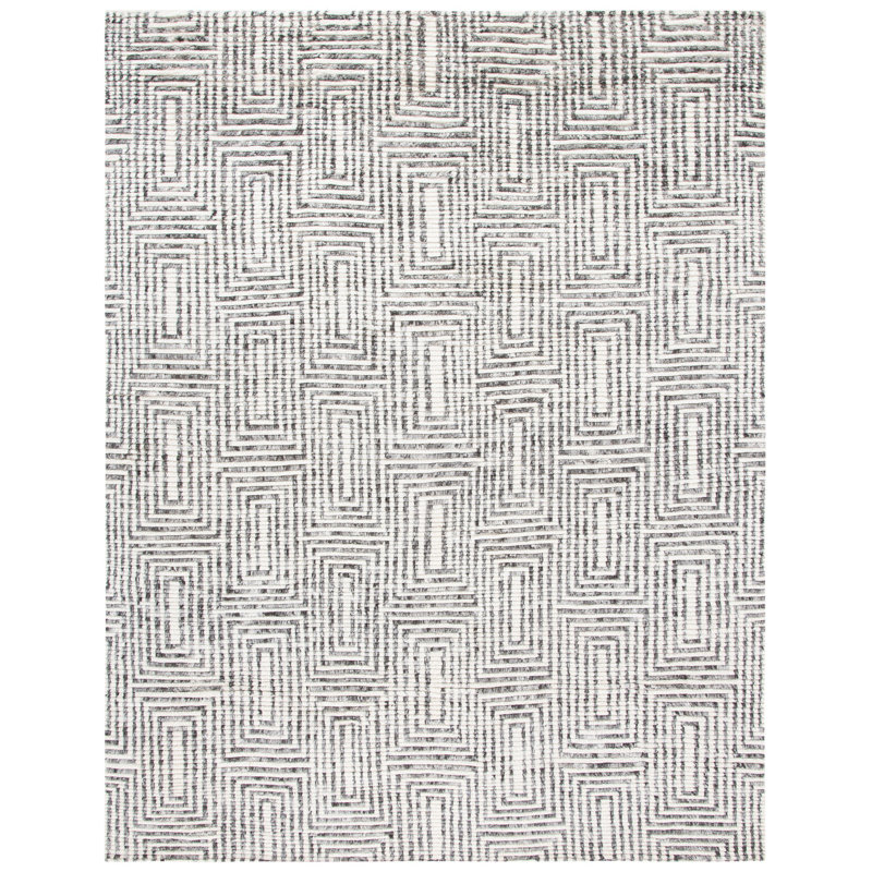 Tapis tibétain en laine / coton à motif géométrique noir noué à la main, Rectangle 8 pi x 10 pi