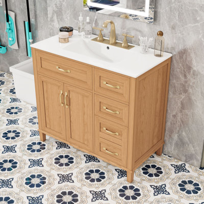 Meuble-lavabo de salle de bain autoportant moderne en bois avec lavabo en céramique, tiroirs à fermeture en douceur et grand espace de rangement