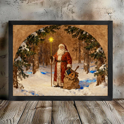 Black Framed Vintage Santa Claus Wall Art - Rustic Christmas Forest Scene Decor Framed Prints