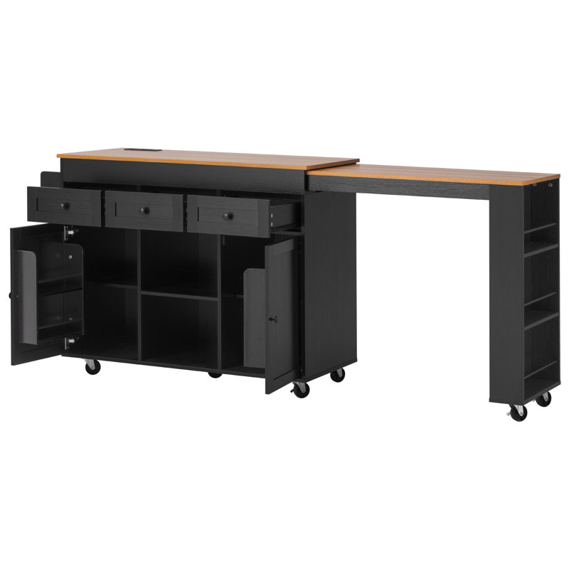 85.5" Kitchen Island with Extendable Dining Table, Rolling Kitchen Cart with Power Outlet, 3 Drawers, 2 Doors, Open Shelves and Storage Rack
