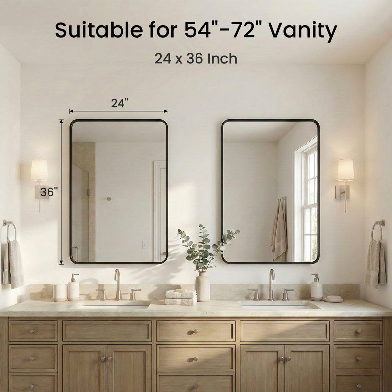 Metal Framed Bathroom Mounted Wall Mirror, 36" x 24", Matte Black, Rounded Corner