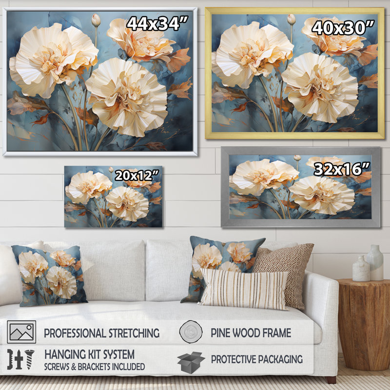 " Beige Carnations Arrangement II ", 16" H x 32" W x 1" D, Black Single Picture Frame