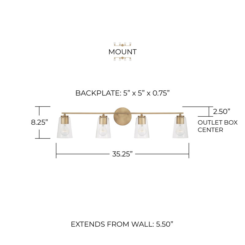4 - Light Dimmable Vanity Light, Aged Brass