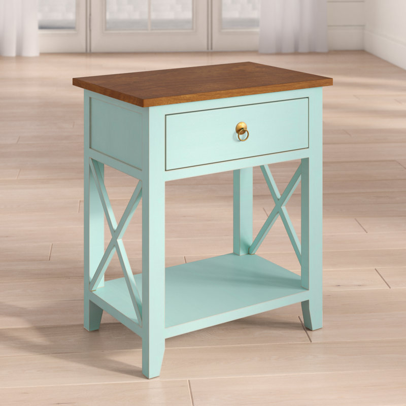 75.44cm W Solid Wood Bedside Table, Aqua