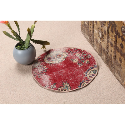 Small Red Round Rug With Faded Turkish Oushak Design Ideal For Entryway Spaces In Vibrant Colors