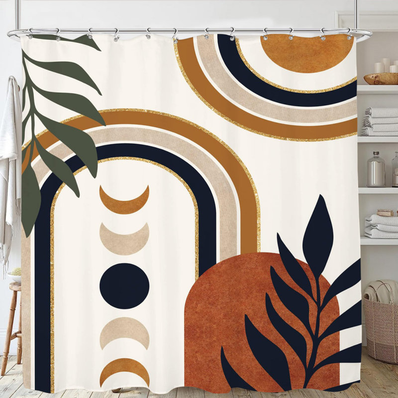 Rideau de douche Boho Mid Century Abstract Retro Palm Leaf Plant Sun Arch Minimalist, Blanc / orange / vert