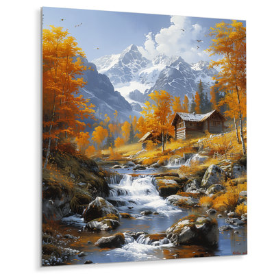 «Yellow Gray Autumn Lake Mountains View - Lake House», reproduction d'art murale