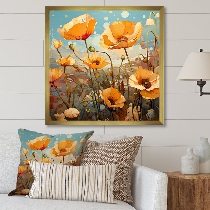 Jaune et vert Poppy Meadows 1 - coquelicots, art mural, H 30 po x l 30 po x P 1,5 po, Cadre flottant noir
