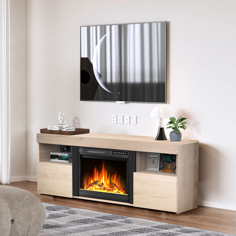 Meuble télé 60 po avec foyer électrique, télécommande et minuterie , Pacane