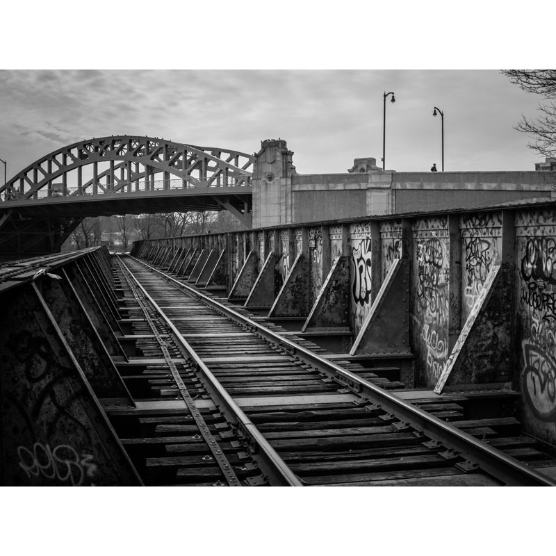 Train Bridge Boston Print by Alan Scherer, Black Framed Canvas, 25" H x 33" W