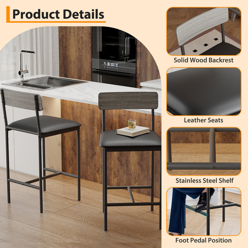 Counter Stool with Metal Frame, 2, Rustic Grey