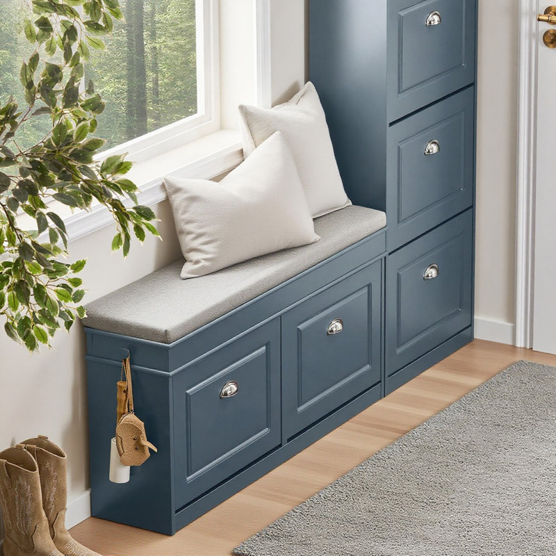 Moriah 8 Pair Shoe Storage Bench, Blue/Silver