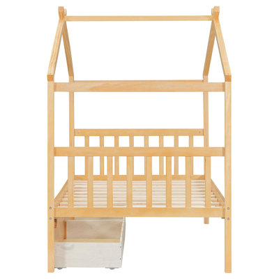 Twin Size Wooden House Bed With Drawers, Natural Color, Strong Frame, Spacious Drawer Storage For Stationery Books
