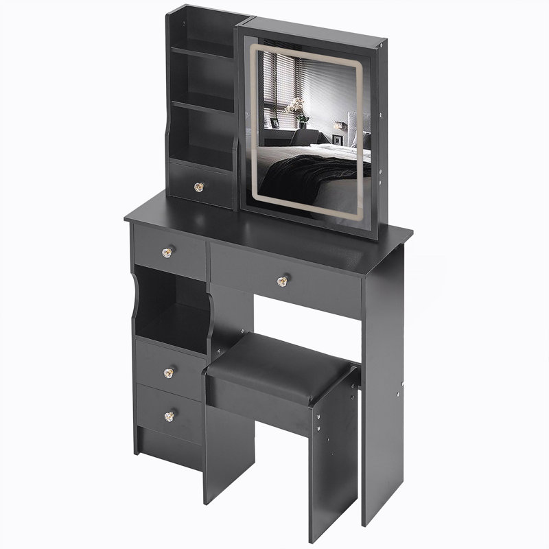 Table de coiffeuse avec tabouret rembourré Ray, Noir 2