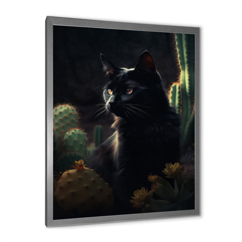 Portrait d'un chat noir, photographie I, Cadre simple argenté, H 40 po x l 30 po x P 1,5 po
