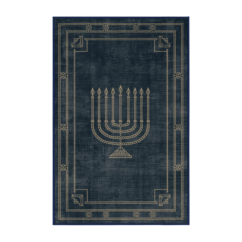 Machine Washable Hartsdale Hanukkah Modern & Contemporary Abstract Rug in Blue – Navy Binding, 5x8