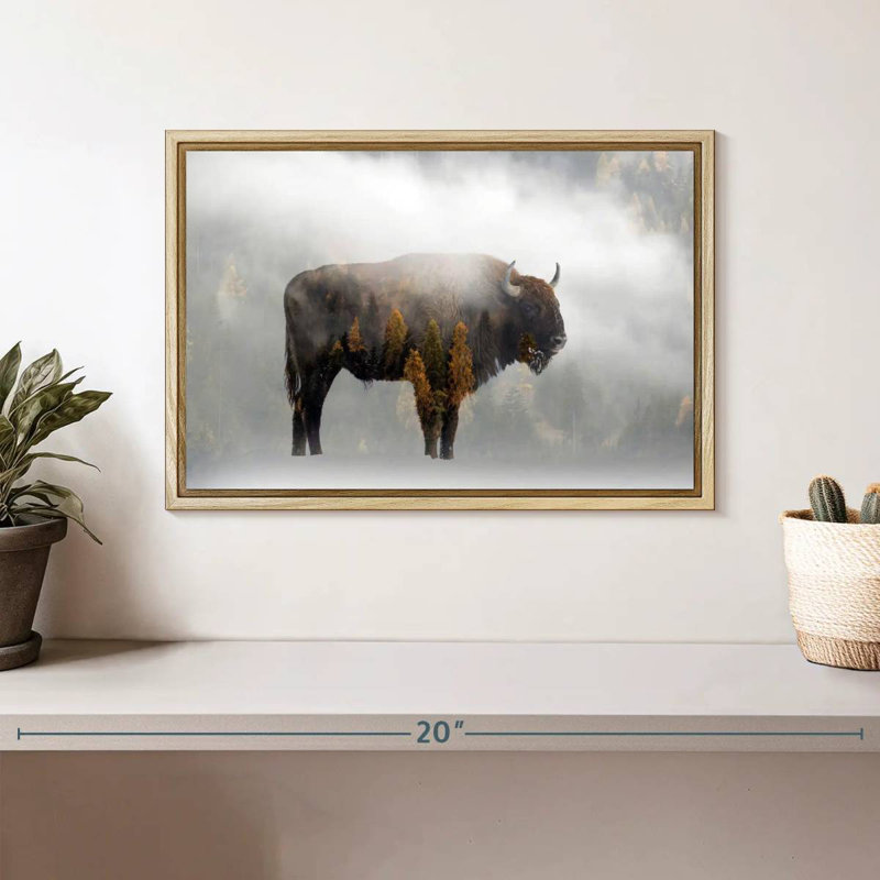 Bison de la forêt de pins, Cadre flottant en bois naturel, 13 po x 9 po
