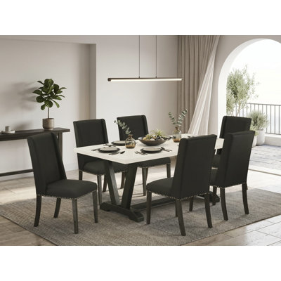 7-Piece modern dining table set with a beautiful Linen White (Off-White) rectangular table top and 6 Black parson chairs with Nail heads and High Stylish Chair Back, Wire Brushed Black Finish