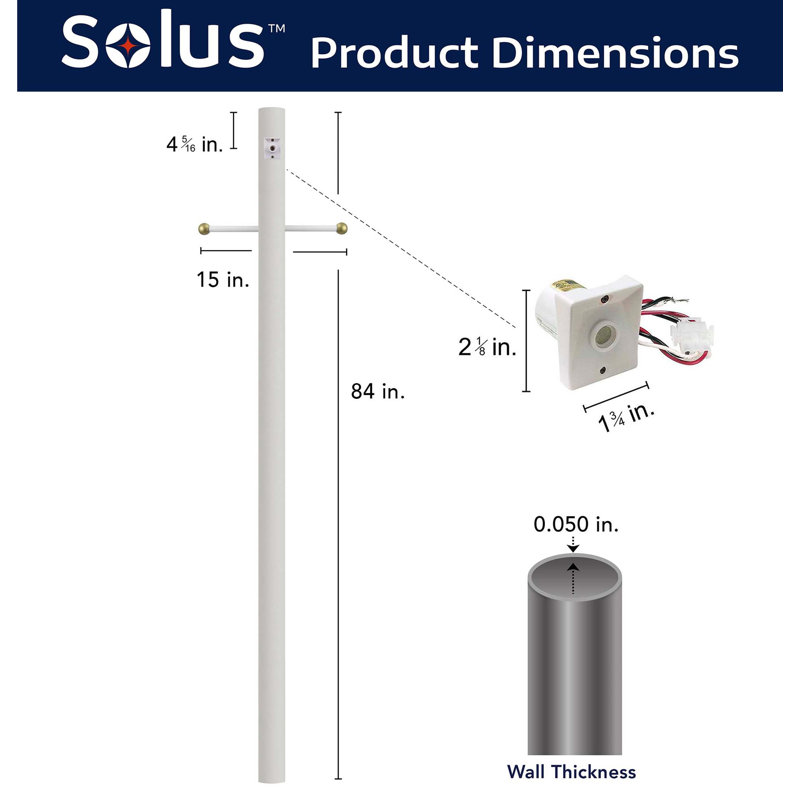 Solus 7, 8, or 10 ft.  Hardwired Direct Burial Lamp Post with Cross Arm and Dusk-to-Dawn Photocell Sensor, White
