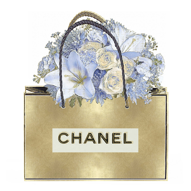 Sac doré avec bouquet bleu - impression sur toile tendue, H 12 po x l 12 po