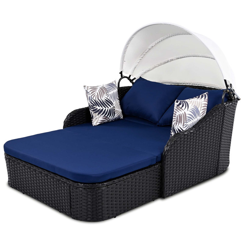 79.9" Outdoor Sunbed With Adjustable Canopy, Double Lounge, PE Rattan Daybed, Wicker And Cushion, Blue, Black
