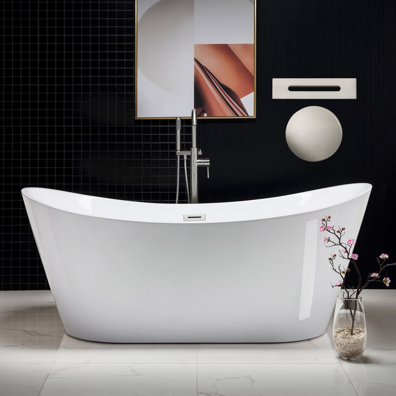 71" x 32" Freestanding Soaking Acrylic Bathtub, Brushed Nickel, White