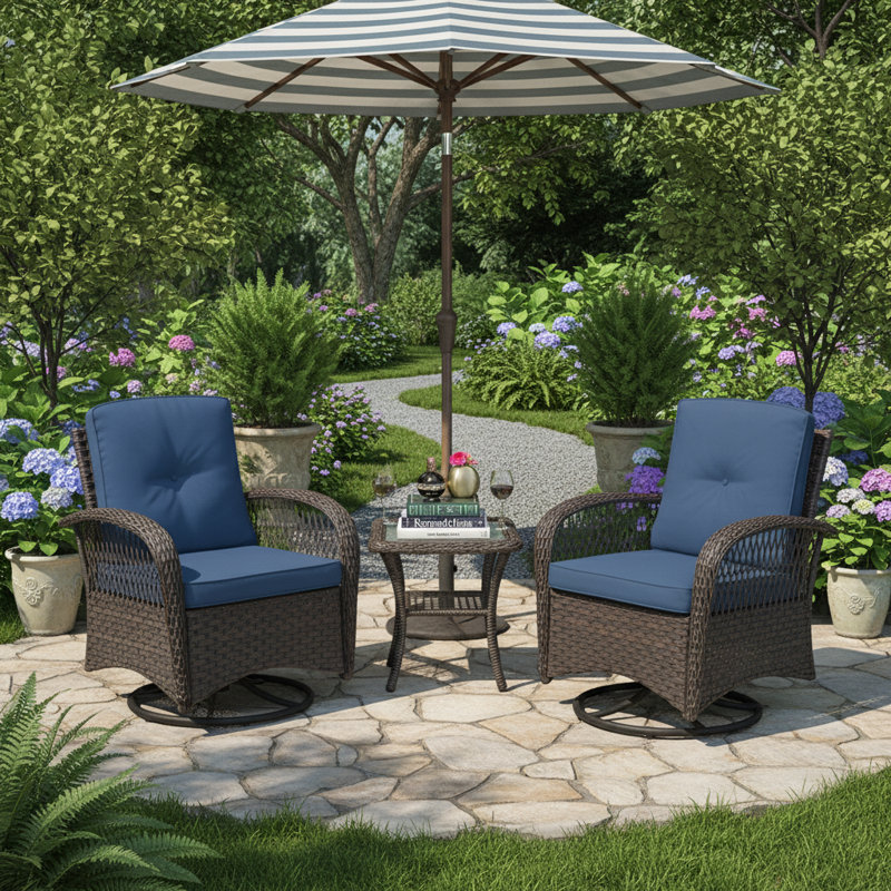 Double Outdoor Rocking Chair Three-Piece Set, Navy Blue, Navy Blue