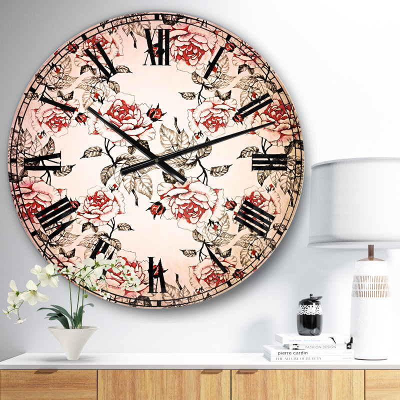 Modèle sans couture avec roses rouges - horloge murale traditionnelle, Moyen