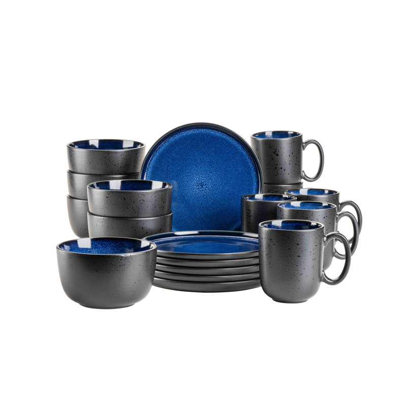 18 Piece Ceramic Dinnerware Set - Service for 6, Blue/Black