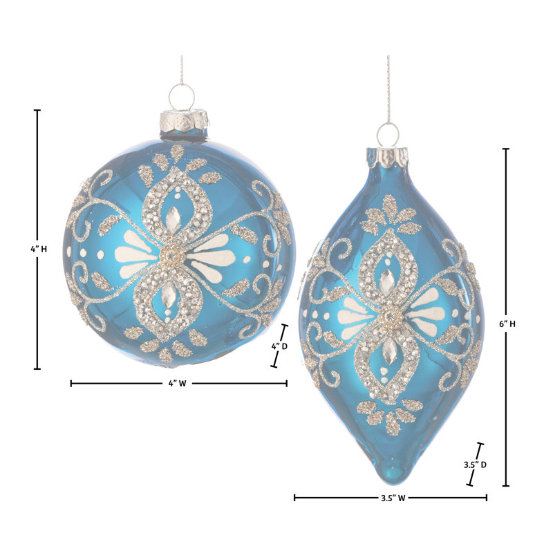 Ensemble de 6 ornements en verre de 4 à 6 po avec boule et faîteau, Bleu