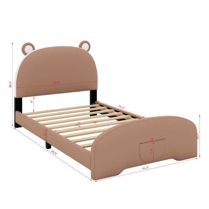 Lit plateforme tapissier simple avec tête et pied de lit en forme d'ours, Brun / Blanc