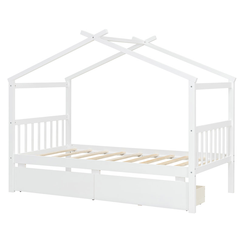 Lit simple pour enfant avec tiroirs de rangement - lit plateforme en bois, maisonnette pour chambre à coucher, finition blanche