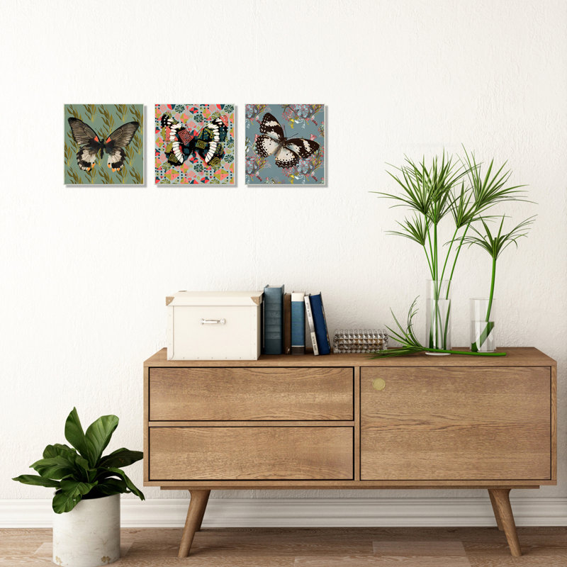 « papillonss on rose blue gold patterns abstract designs » par karen dreyfus-3 pièces, ensemble de 3 reproductions d’impressions sur toiles non encadrées