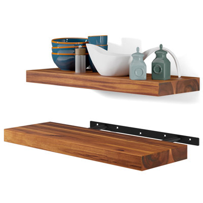 Acacia Wood Floating Shelves - Rustic Wall Storage with Mounting Brackets (Set of 2)