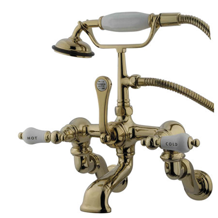 Kingston Brass Vintage Three-Handle 2-Hole Tub Wall Mount Clawfoot Tub Faucet with Hand Shower, Polished Brass