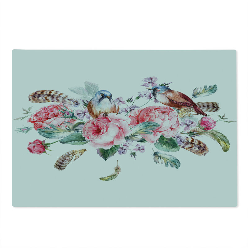 Ambesonne Flowers Cutting Board Large Size Vintage Roses Birds Coral and Reseda Green