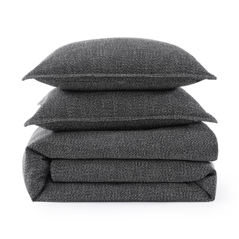 Tweed Solid Color Classic Modern Rustic Woven Comforter Set, King Comforter + 2 King Shams, Black