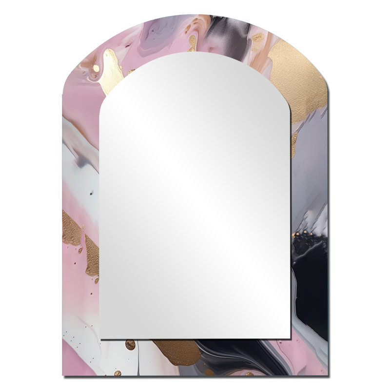 Pink And Gold Inner Worlds Of Marble I - Marble Arch Wall Mirror, Pink Asymmetrical Decorative Mirror, Printed Metal Art