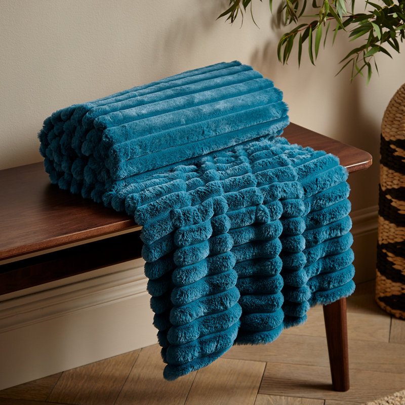Cosy Ribbed Faux Fur Blanket Throw, Teal Green