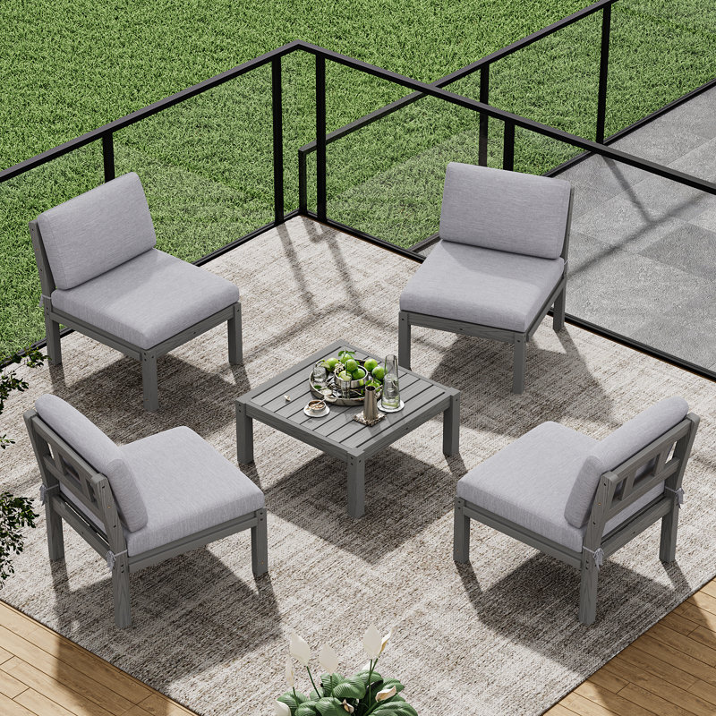 4 - Person Modular Patio Conversation Sets With Cushions, 5-Piece Outdoor All-Weather Waterproof HIPS Sofa Seating Group, Gray